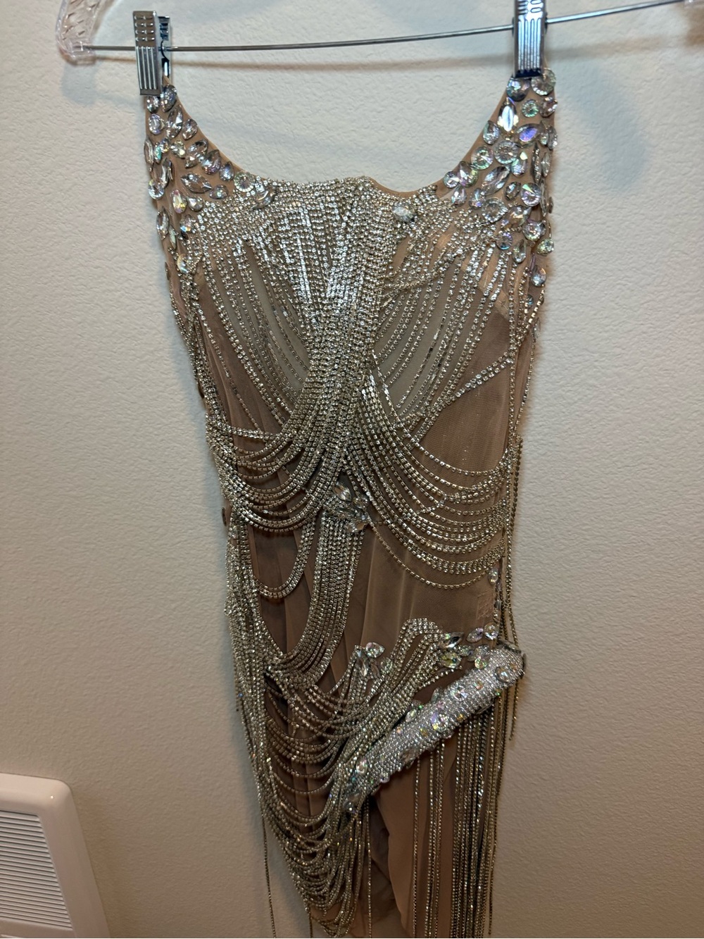 Nude Beaded Fringe Prom Dress with Crystal Accents
